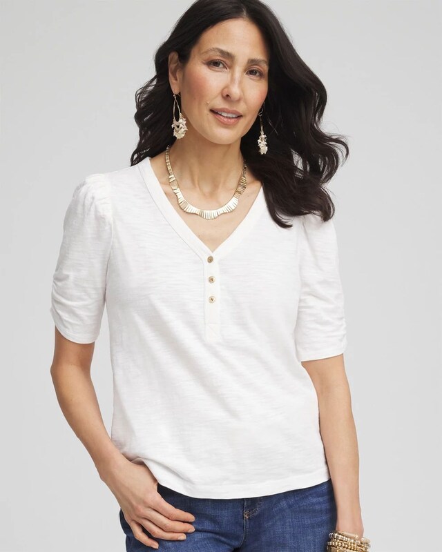 Shirred-Sleeve Henley Tee - image 1